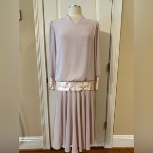 Ursula of Switzerland Light Pink Vintage Dress with Pearl & Satin Trim Size 10